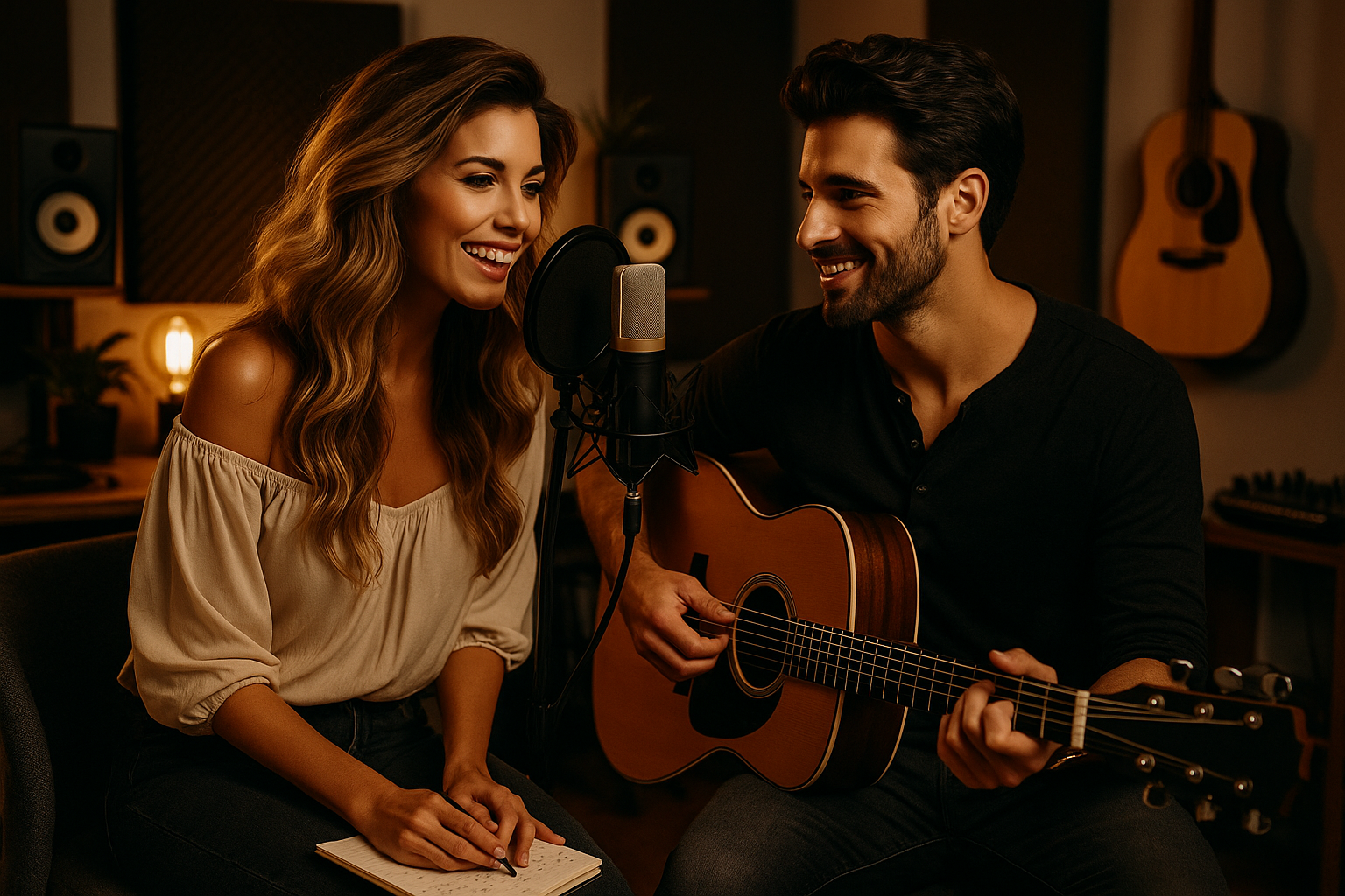 Linda und Markus von Herzjuwel im Musikstudio: Sie singt ins Mikrofon, er spielt Gitarre – beide lächeln sich an, umgeben von Instrumenten und warmem Licht.