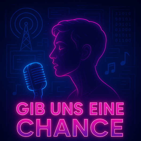 Ein Sänger oder eine Sängerin aus Neonlinien oder digitalem Drahtgitter steht vor einem alten Mikrofon. Im Hintergrund: Radioantennen, TV-Bildschirme, Noten und Binärcode verschmelzen.