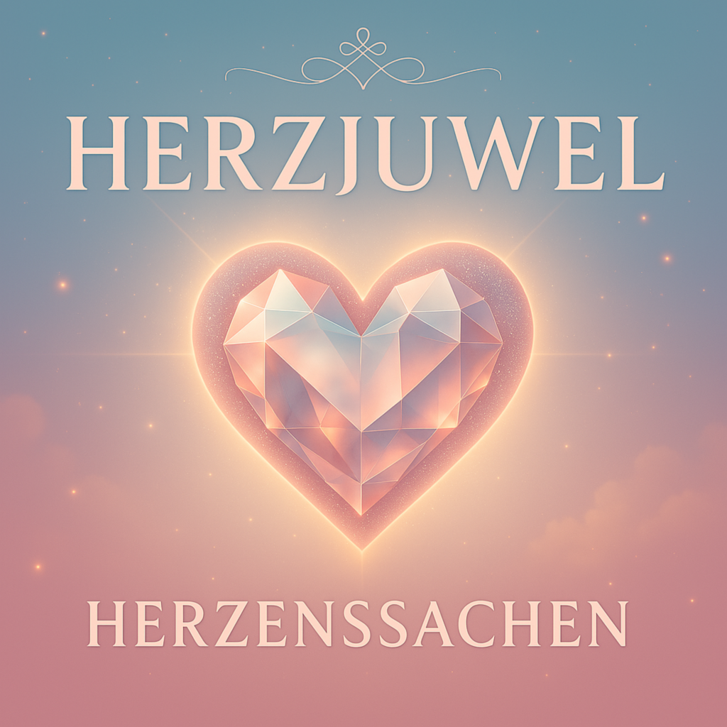 Albumcover mit einem großen, leuchtenden Herz in der Mitte, das wie ein geschliffener Edelstein aussieht. Das Herz ist in sanften Rosa- und Pastelltönen gehalten und von einem warmen Lichtschein umgeben. Der Hintergrund zeigt einen ruhigen Farbverlauf von Blau zu Rosé mit kleinen funkelnden Lichtpunkten, die an Sterne erinnern. Oben steht der Künstlername „Herzjuwel“, unten der Albumtitel „Herzenssachen“. Das Motiv wirkt ruhig, romantisch und emotional.