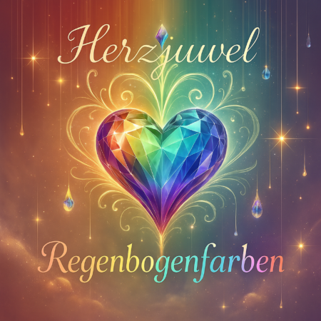 Albumcover mit einem leuchtenden, facettenreichen Herz in Regenbogenfarben in der Bildmitte. Das Herz wirkt wie ein geschliffener Edelstein und strahlt nach außen feine Lichtlinien und Ornamente aus. Der Hintergrund zeigt einen weichen Farbverlauf aus warmen und kühlen Tönen mit funkelnden Lichtpunkten und tropfenförmigen Glanzelementen. Oben steht der Künstlername „Herzjuwel“, unten der Albumtitel „Regenbogenfarben“. Das Motiv wirkt magisch, farbenfroh und emotional.