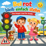 Kinderlied-Cover „Bei rot bleib einfach stehn“ mit fröhlichen Zeichentrickkindern an einer Fußgängerampel, bunten Farben und kindgerechter Straßenszene zur Verkehrserziehung.