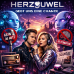 Cover zum Titel „Gebt uns eine Chance“: Mann und Frau singen gemeinsam mit Mikrofonen und Kopfhörern vor einer futuristischen Neon-Stadt. Um sie herum sind Roboterköpfe, digitale Lichteffekte und Symbole wie „KI verboten“ und „Kein AI-Hit“, die den Konflikt zwischen KI-Musik und Medien zeigen.