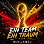 Goldener, leuchtender Pokal im Zentrum, umgeben von dynamischen Farbexplosionen in Schwarz, Rot und Gold vor dunklem Hintergrund. Darunter steht in großer Schrift der Titel „Ein Team Ein Traum“ und der Künstlername „Herzjuwel“.