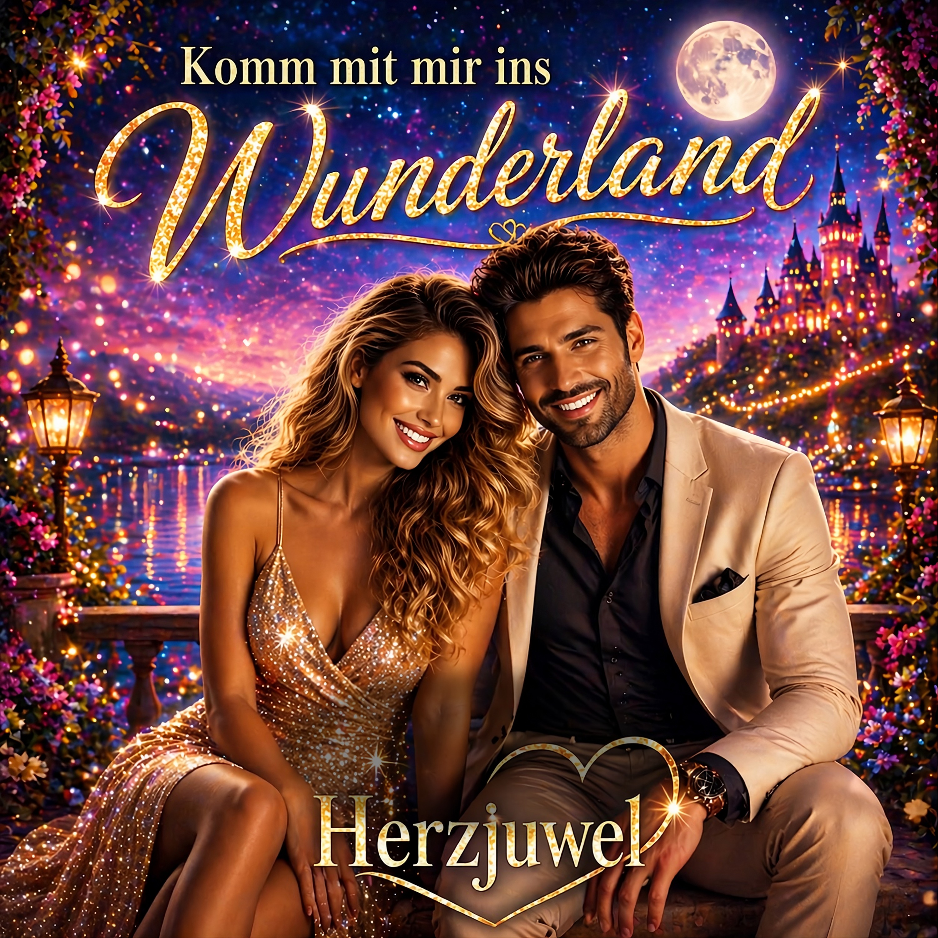 Das Cover zeigt die lächelnde blonde Linda in einem glitzernden goldenen Abendkleid und den dunkelhaarigen Markus in einem hellen Sakko, die eng nebeneinander vor einer märchenhaften Kulisse sitzen. Im Hintergrund erstrahlen ein beleuchtetes Schloss, ein funkelnder See und ein Vollmond unter einem farbenprächtigen Sternenhimmel, während oben der goldene Schriftzug „Komm mit mir ins Wunderland“ und unten das Herzjuwel-Logo zu sehen sind.