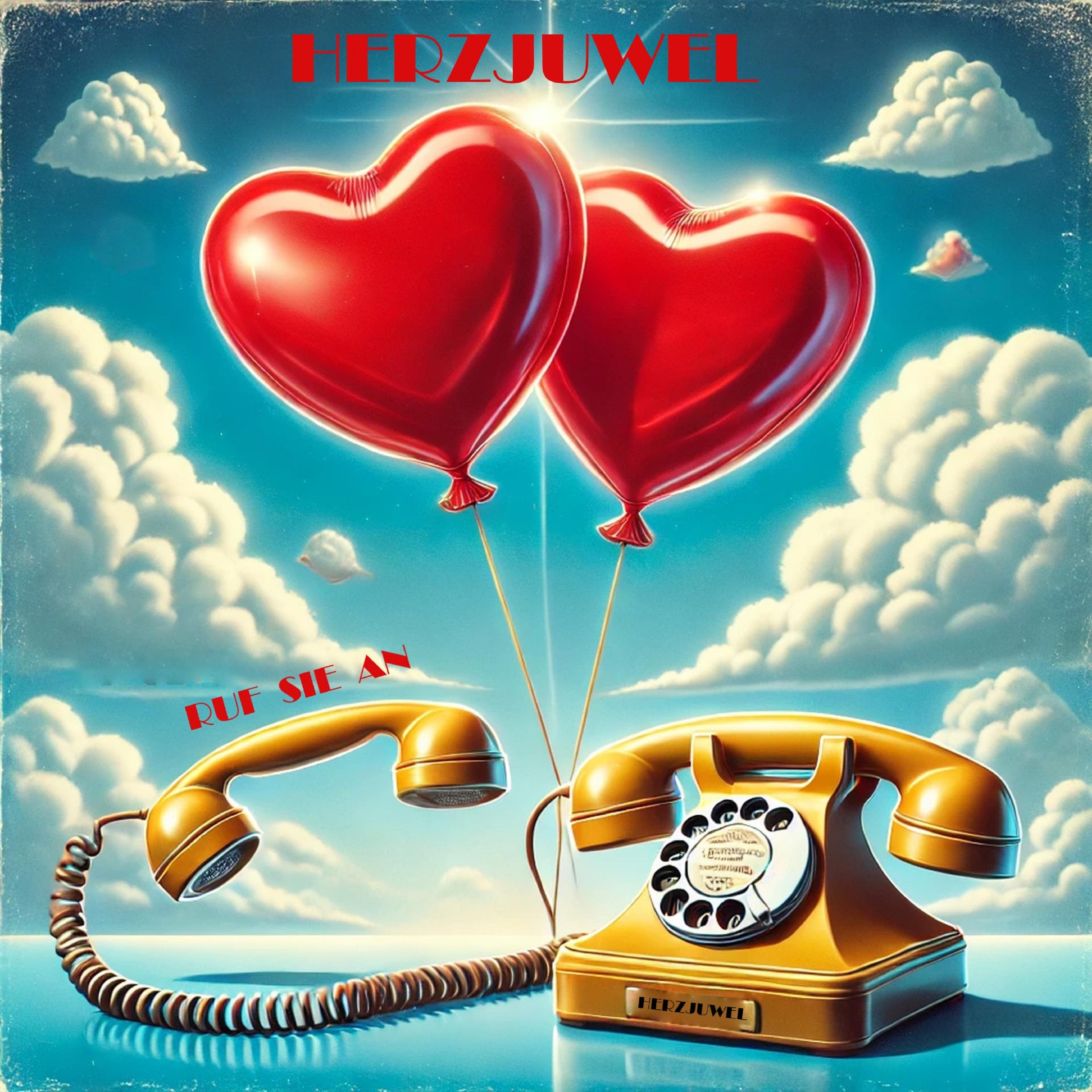 Zwei rote herzförmige Ballons, die am Hörer eines goldfarbenen Retro-Telefons befestigt sind und vor einem blauen Himmel mit weißen Wolken schweben. Oben steht „HERZJUWEL“, während links schräg der Schriftzug „Ruf sie an“ zu sehen ist, was dem Motiv eine romantische, nostalgische Stimmung verleiht.