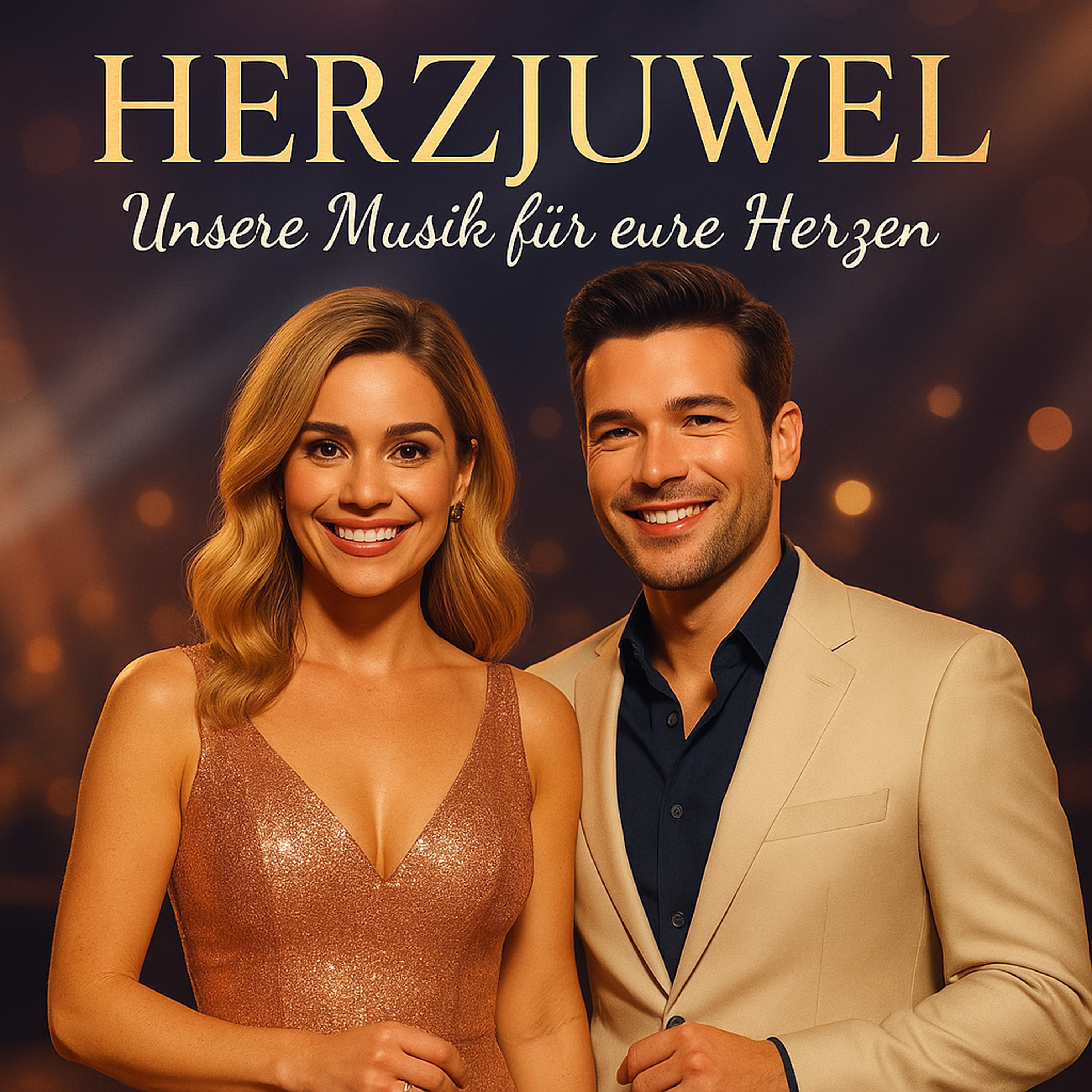 Titelbild: Die lächelnde Linda in einem goldfarbenen Kleid und Markus in hellem Sakko von Herzjuwel stehen nebeneinander vor einem warmen, bühnenartigen Hintergrund.